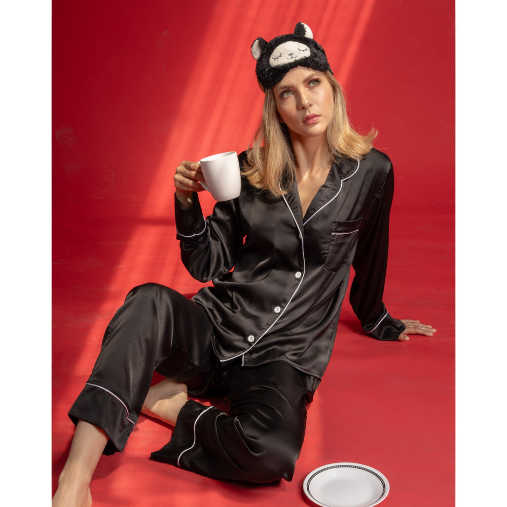 Pijama en satín de pantalón y camisa manga larga image 0