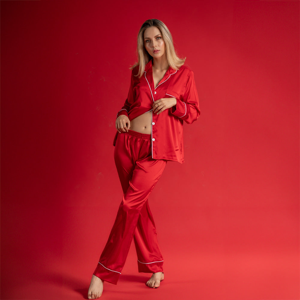Pijama en satín de pantalón y camisa manga larga image 1